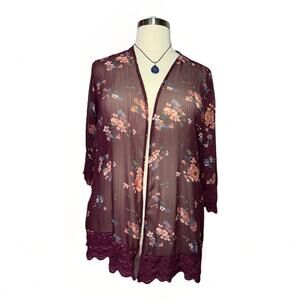 Mason & Belle 1X Floral Kimono Cardigan Burgundy Sheer Lace Boho Open Front Top